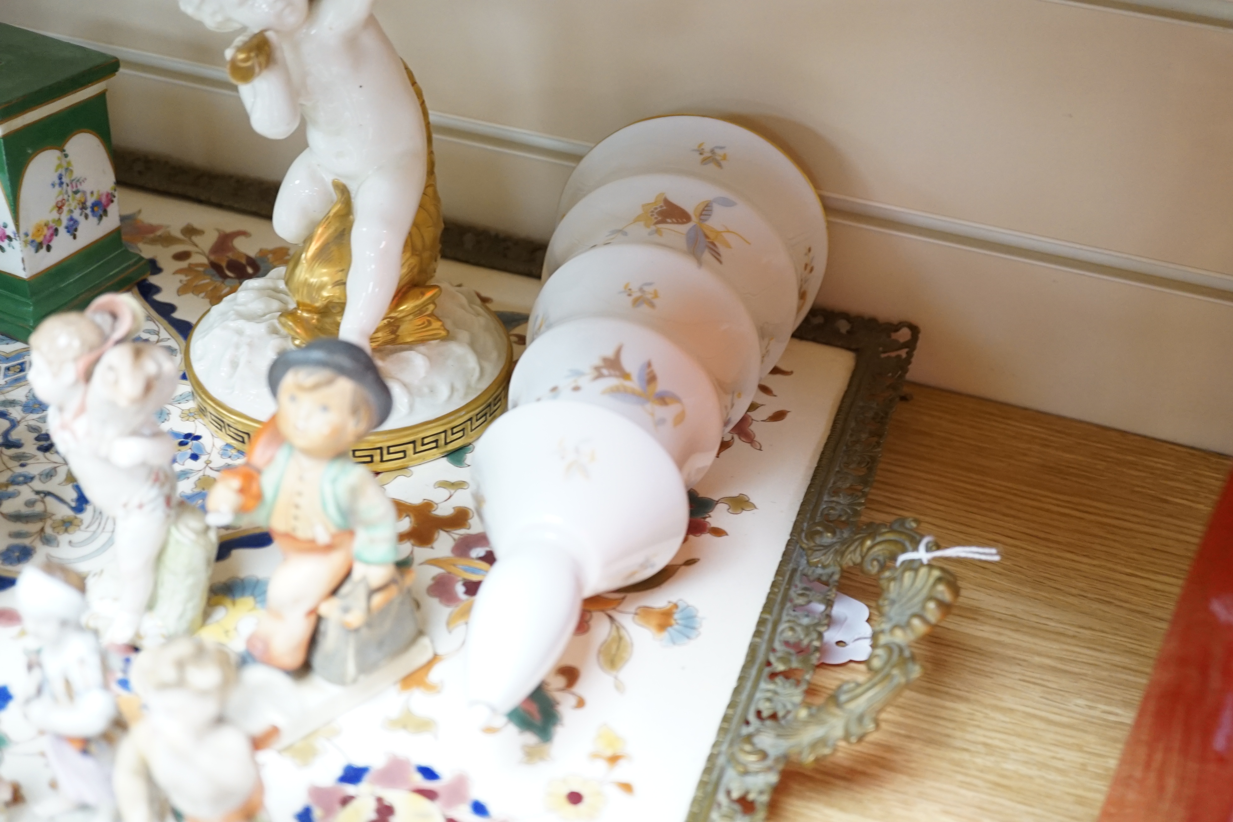 An Austrian Zsolnay type tray together with mixed English and Continental china including Royal Worcester vase, KPM figures and Moore centrepiece, largest 63cm wide